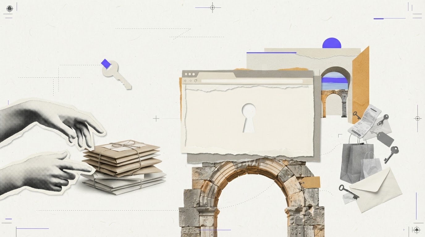 A torn paper browser window with a keyhole cutout sits on a stone arch, with plaster hand fragments and folded parcels beside it and a small violet key above.