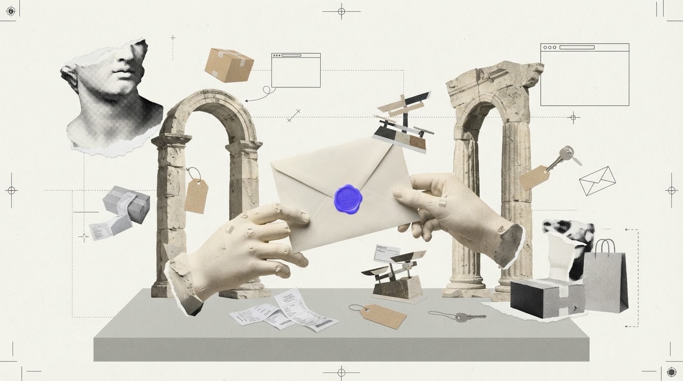 Two plaster hands hold a sealed paper envelope between stone pillars, with receipts and price tags on a table and a violet dot on the seal.