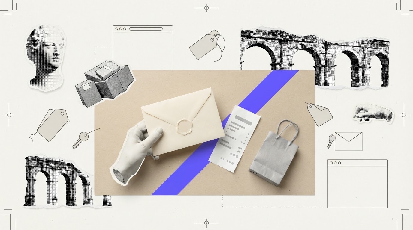 A cut-paper collage showing a plaster hand holding a sealed envelope, with a blank receipt and a paper shopping bag beside it and one violet paper strip across the table.