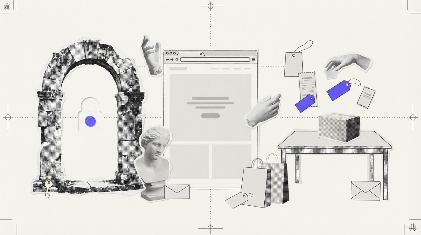 A cut-paper collage with a paper browser window beside a stone arch, a small violet paper coin in the arch opening and a plain parcel on the table.