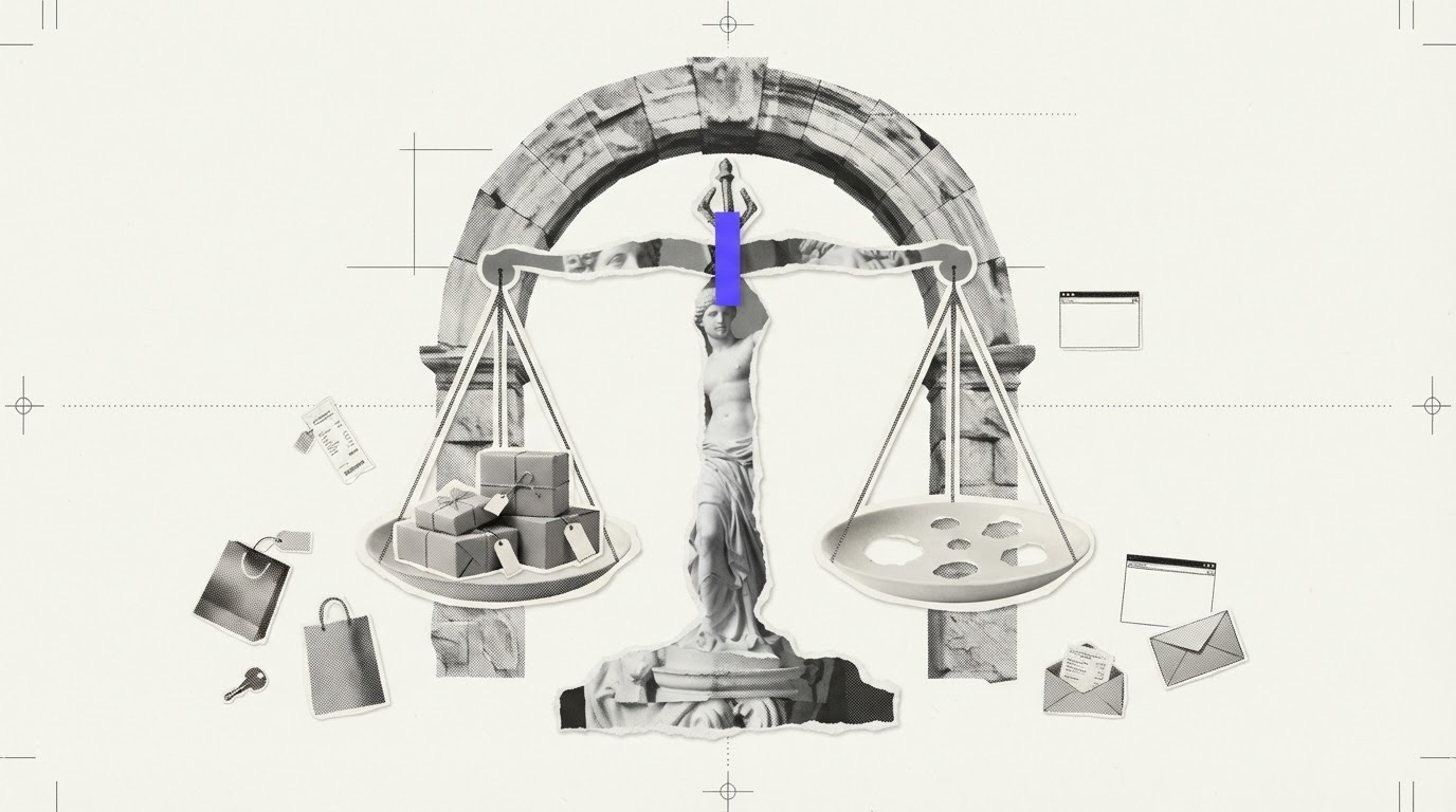 A cut-paper collage of a balance scale with pieces removed from one plate, leaving clean empty gaps, with a single violet paper accent at the pivot.