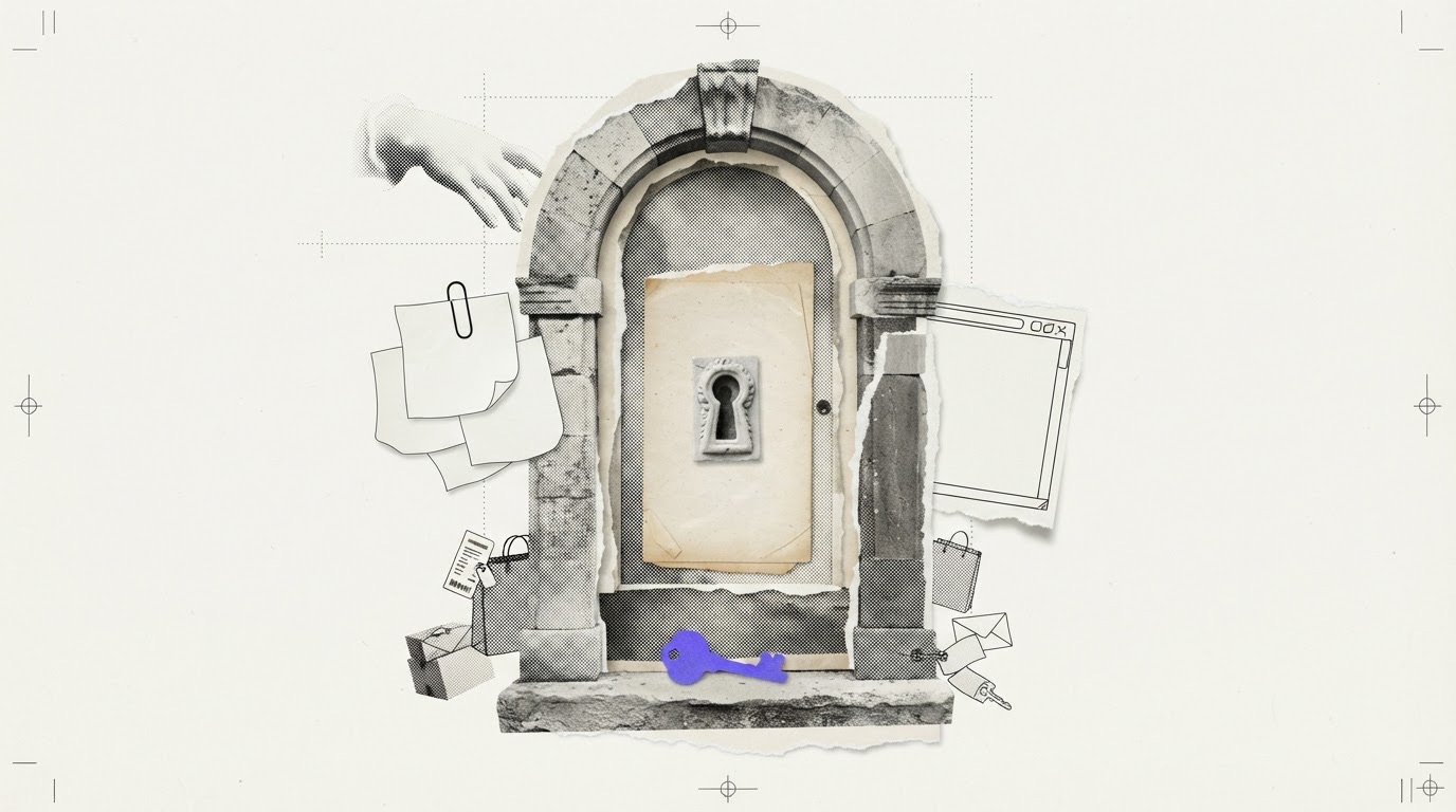 A cut-paper collage of a tall paper door with a plaster keyhole, a small violet paper key on the step, and blank notes pinned beside it.