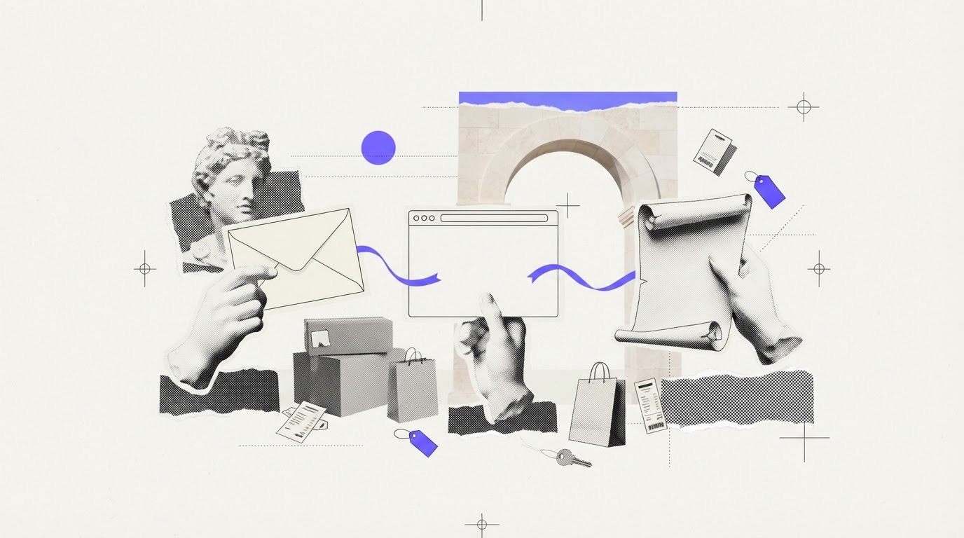Three paper panels on a collage table: an envelope, a browser frame and a folded scroll, with a violet ribbon crossing between them.