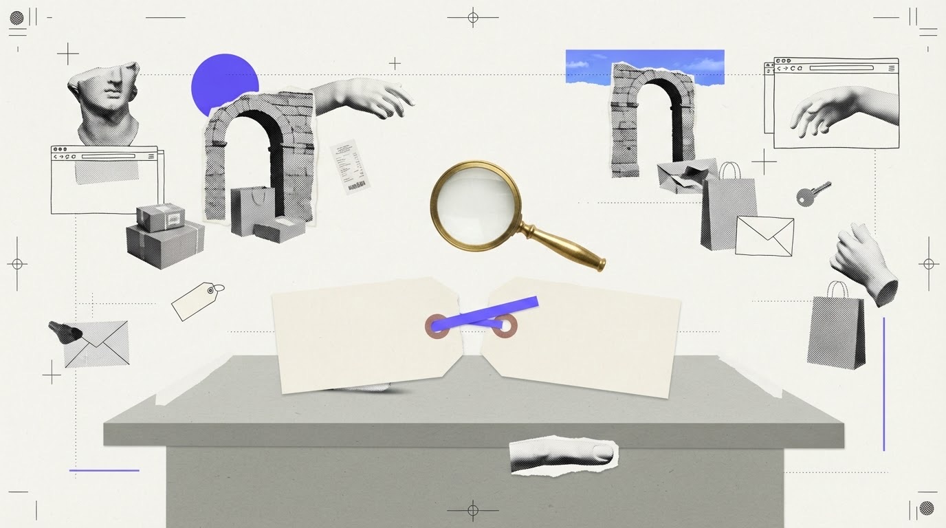 A torn paper price tag split into two halves on a table, a brass magnifying glass above them, and a thin violet strip bridging the tear.