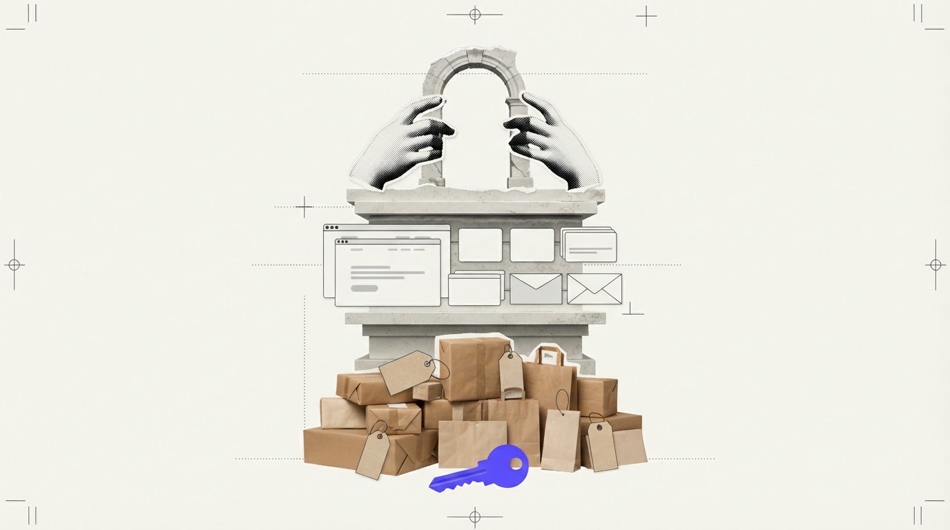 Paper collage of stacked slabs: plaster hands and a stone arch at the top, blank cards in the middle, a heap of parcels and blank price tags at the base, and one violet paper key on the bottom edge.
