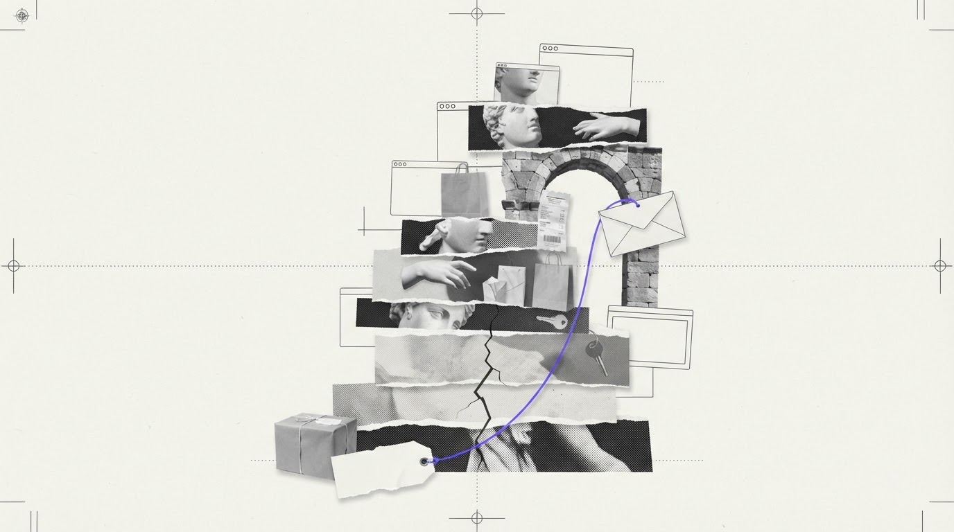 Cut-paper stack leaning slightly, with a jagged crack running up from a torn blank price tag at the bottom to a crumpled receipt and blank envelope hanging from a stone arch, linked by one violet thread.