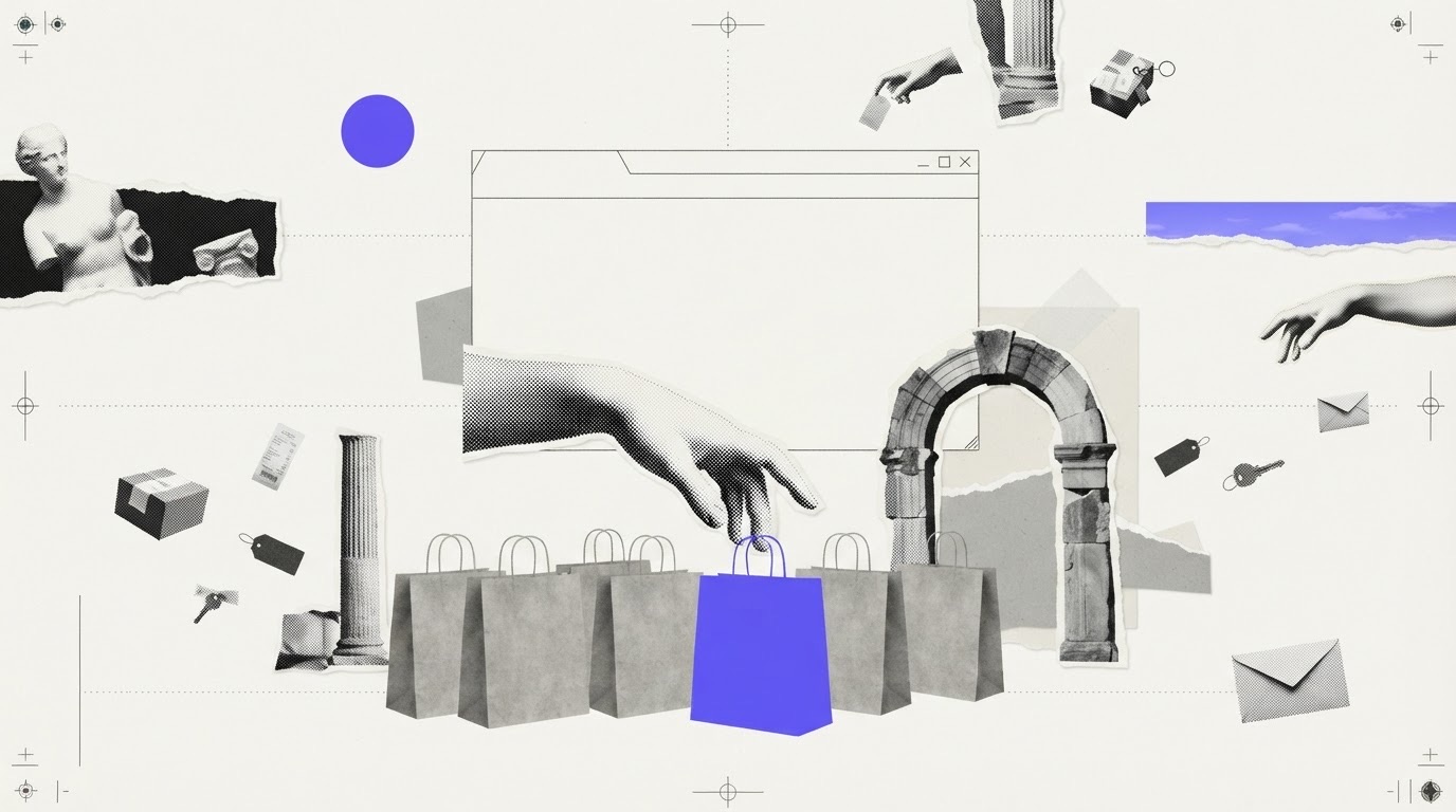 A cut-paper collage with an empty paper browser frame in the center, a plaster hand reaching toward a row of grey shopping bags, one bag in violet, and a torn stone arch behind them.