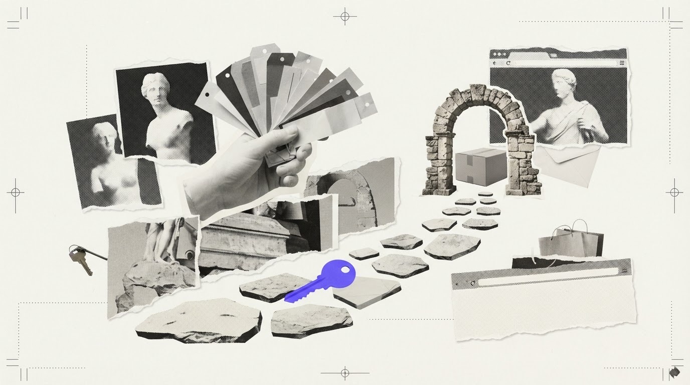 A cut-paper collage with a plaster hand holding a fan of partly covered price tags above a winding path of paper stepping stones, leading to a small stone arch and a closed parcel, with one violet paper key on the path.