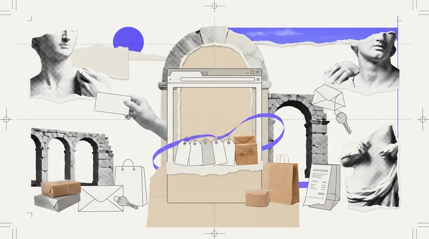 A cut-paper browser frame stands on a beige background with blank tags, small parcels and a torn paper arch around it, and a single violet ribbon.