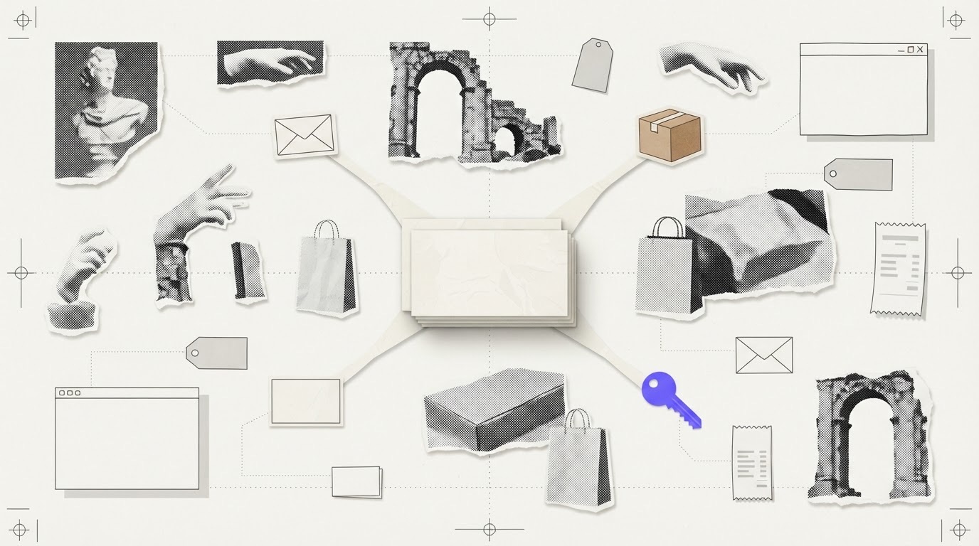 A stack of blank cards sits in the center with four thin paper bridges fanning out to an envelope, a parcel, a key and a blank card, the key in violet.
