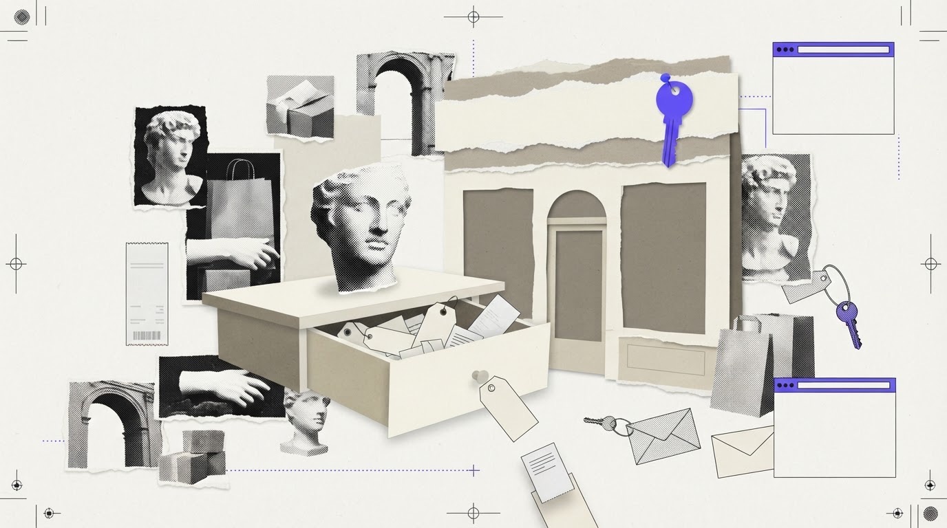 A plaster head fragment rests on a paper shelf beside a drawer of blank tags and receipts, with a violet paper key on the torn edge of a storefront.