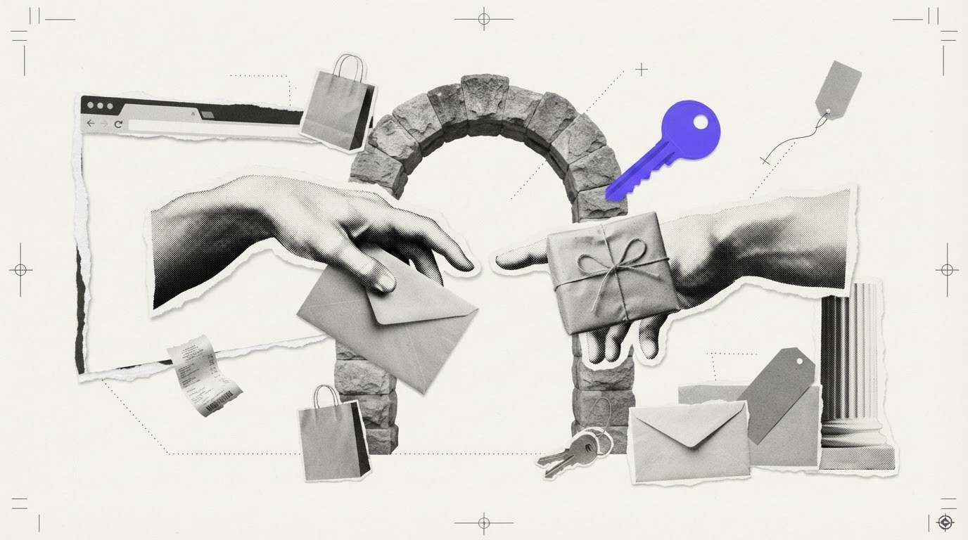 Two paper hands reach across a stone arch gap, one holding an envelope and the other a parcel, with a violet paper key resting on the parcel.