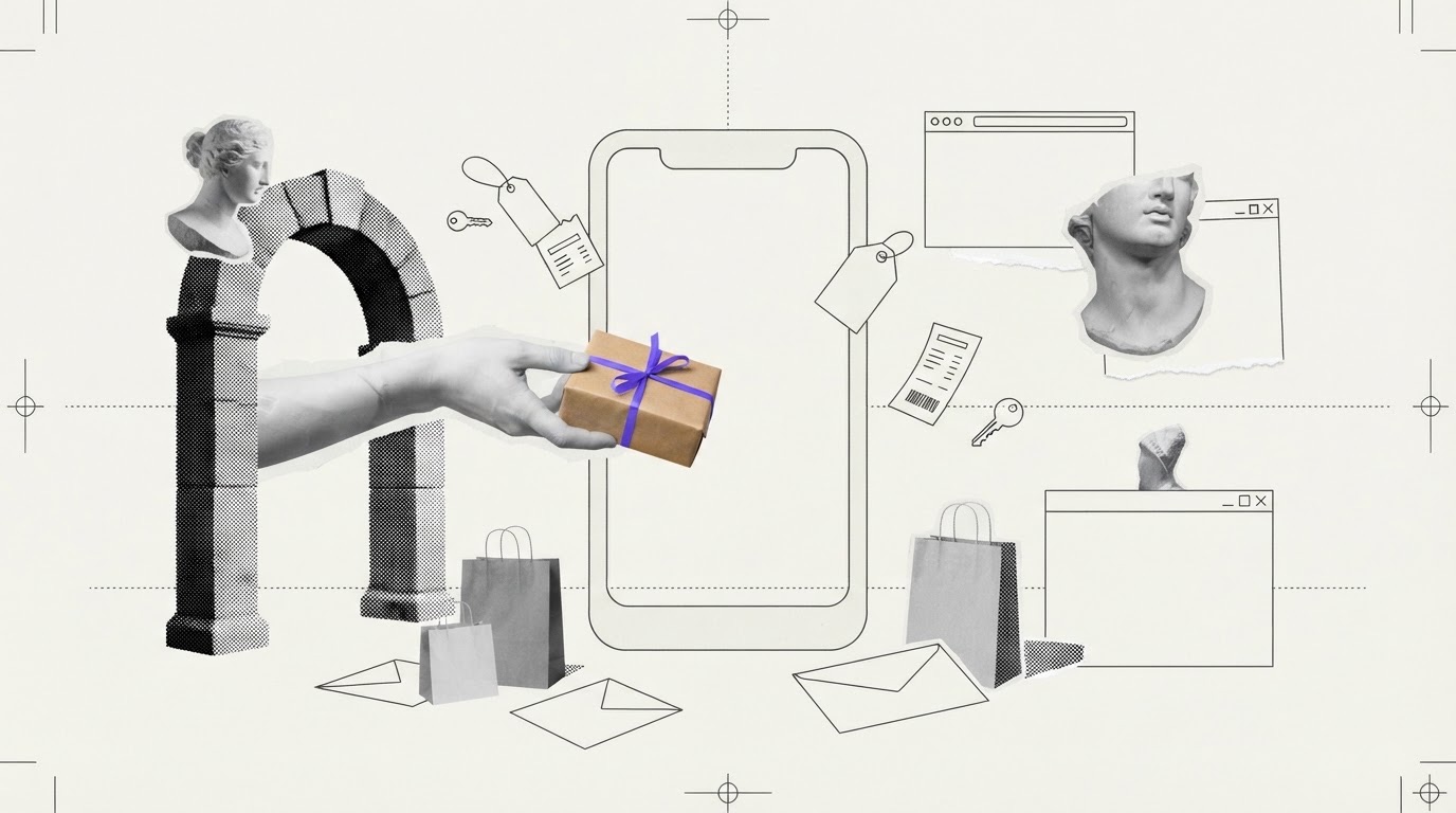 A collage with a paper phone frame at the center, a torn plaster hand holding a small parcel, and a stone arch behind it, with one violet accent on the parcel ribbon.