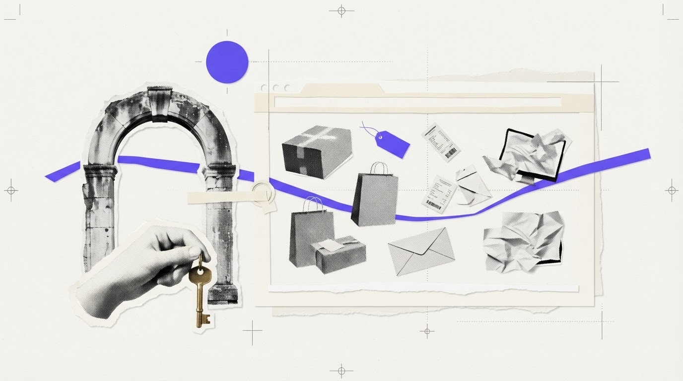 A cut-paper collage of a stone arch doorway beside a paper browser frame, with a plaster hand holding a key and a thin violet ribbon linking them.