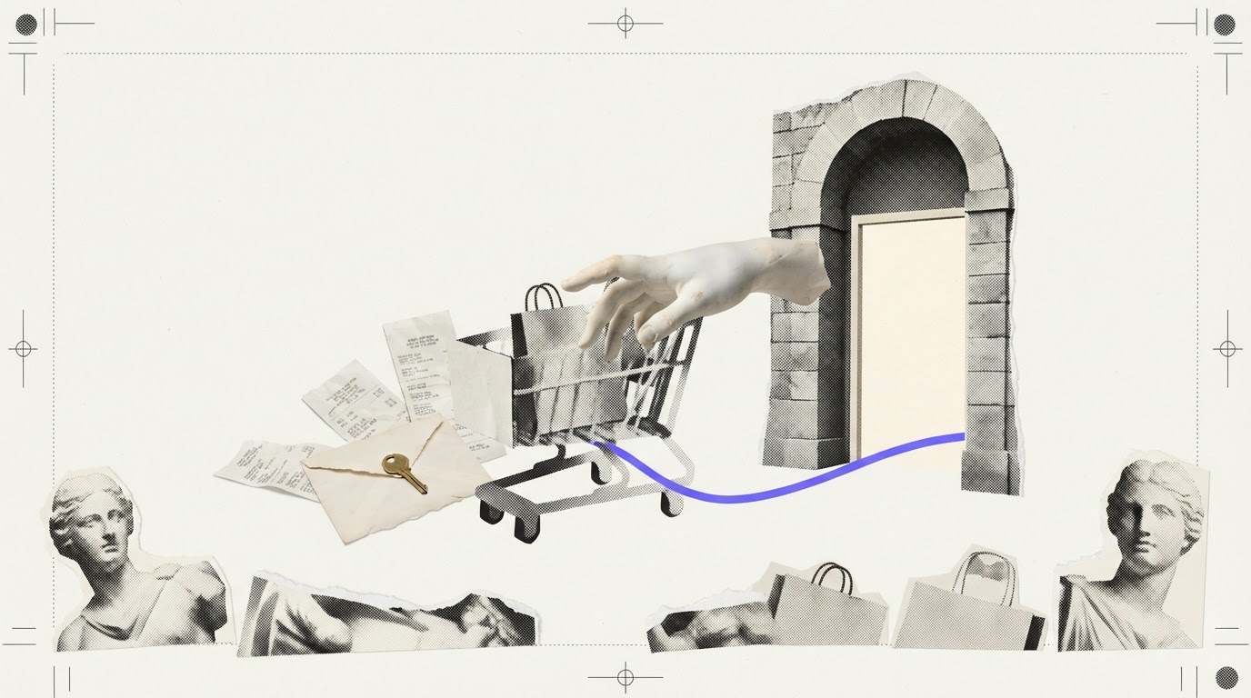 A paper shopping cart, a plaster hand, a stone archway, torn receipts, a key and plaster fragments are arranged on cream paper, with one violet paper strip linking the cart to the archway.