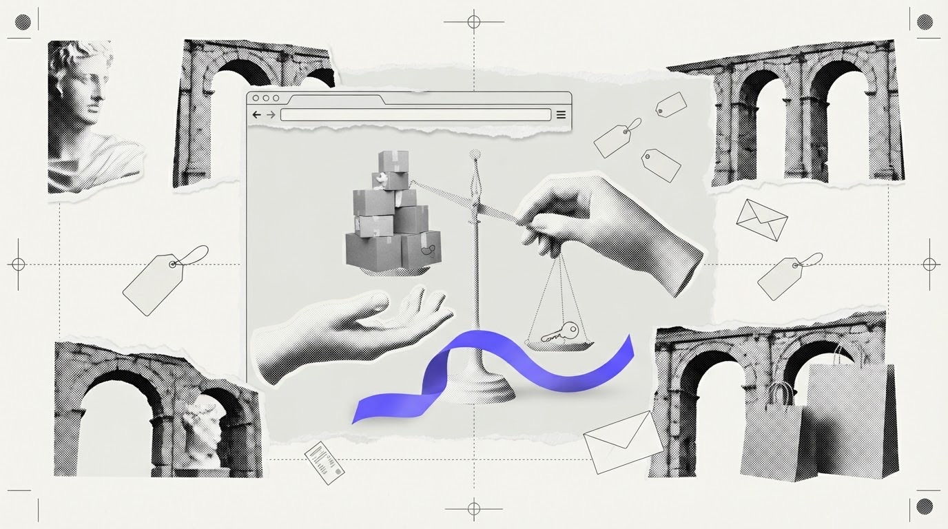 Two plaster hands hold a paper balance scale, with parcels on one pan and a small paper key on the other, in front of a torn browser frame.