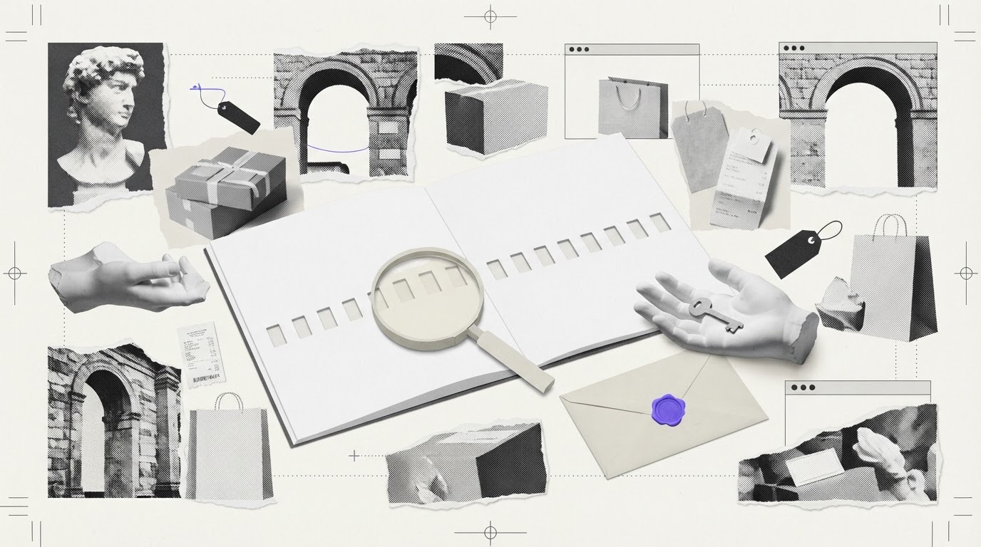A blank paper ledger lies open with a magnifying glass over one row, beside a plaster hand holding a paper key and a sealed envelope with a violet seal.
