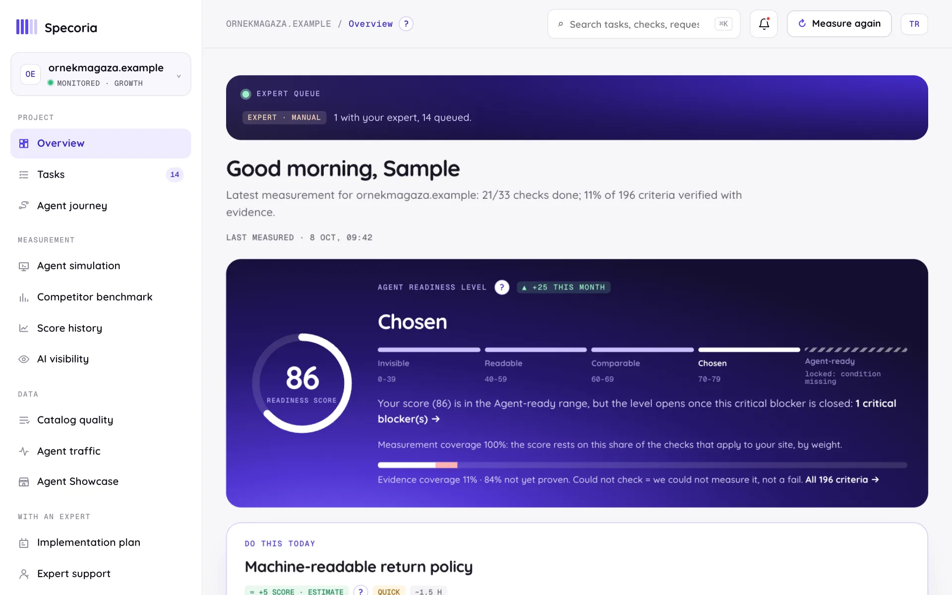Customer panel overview: expert queue strip, greeting line, readiness score card (level, critical blocker, measurement coverage) and the task for today (desktop view, demo data)