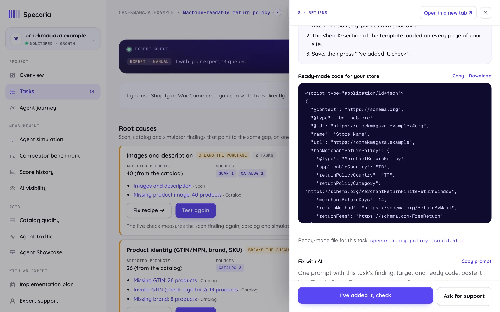 Task drawer: implementation steps, ready fix code for the store (JSON-LD), ready file name and the "I've added it, check" button (desktop view, demo data)