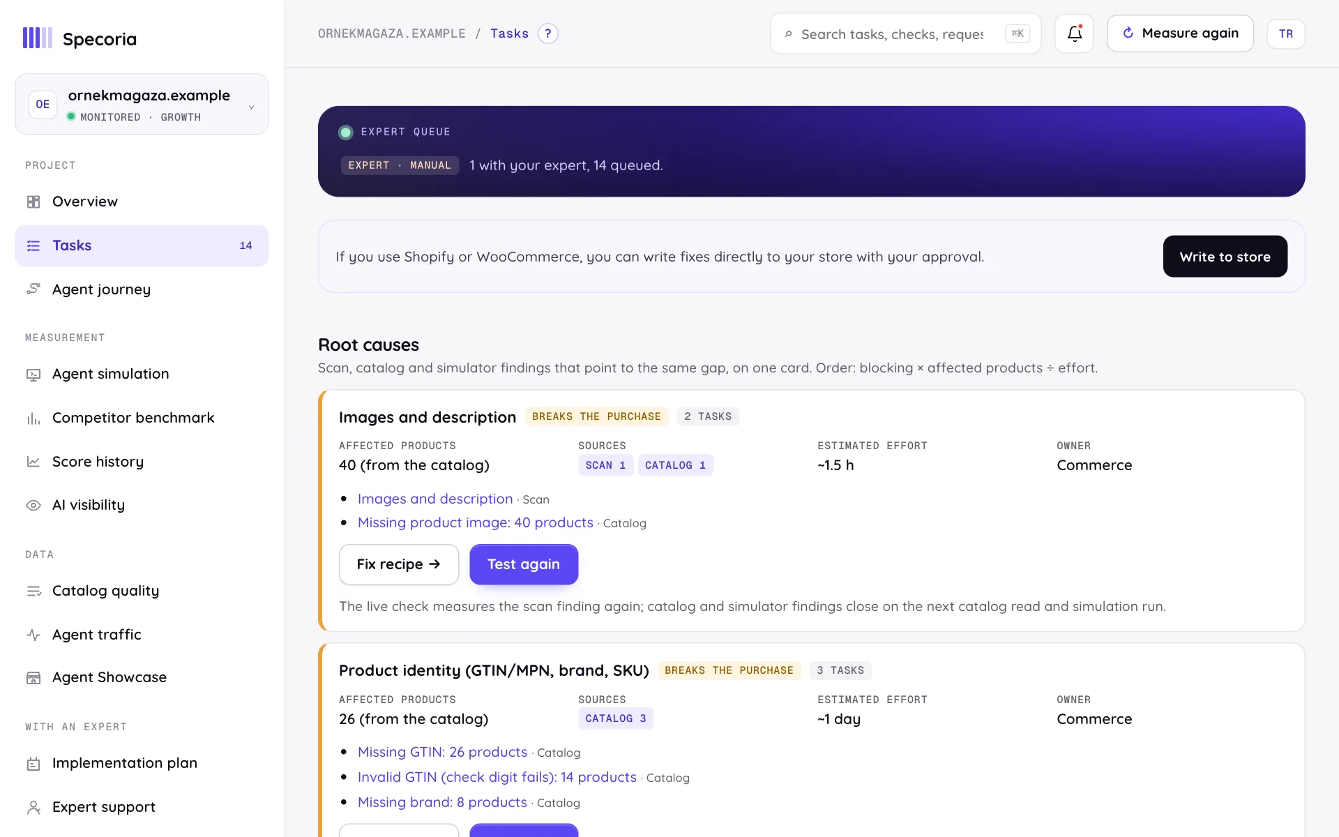 Tasks page: expert queue strip, write-to-store box and root cause cards (affected products, sources, estimated effort, owner) (desktop view, demo data)