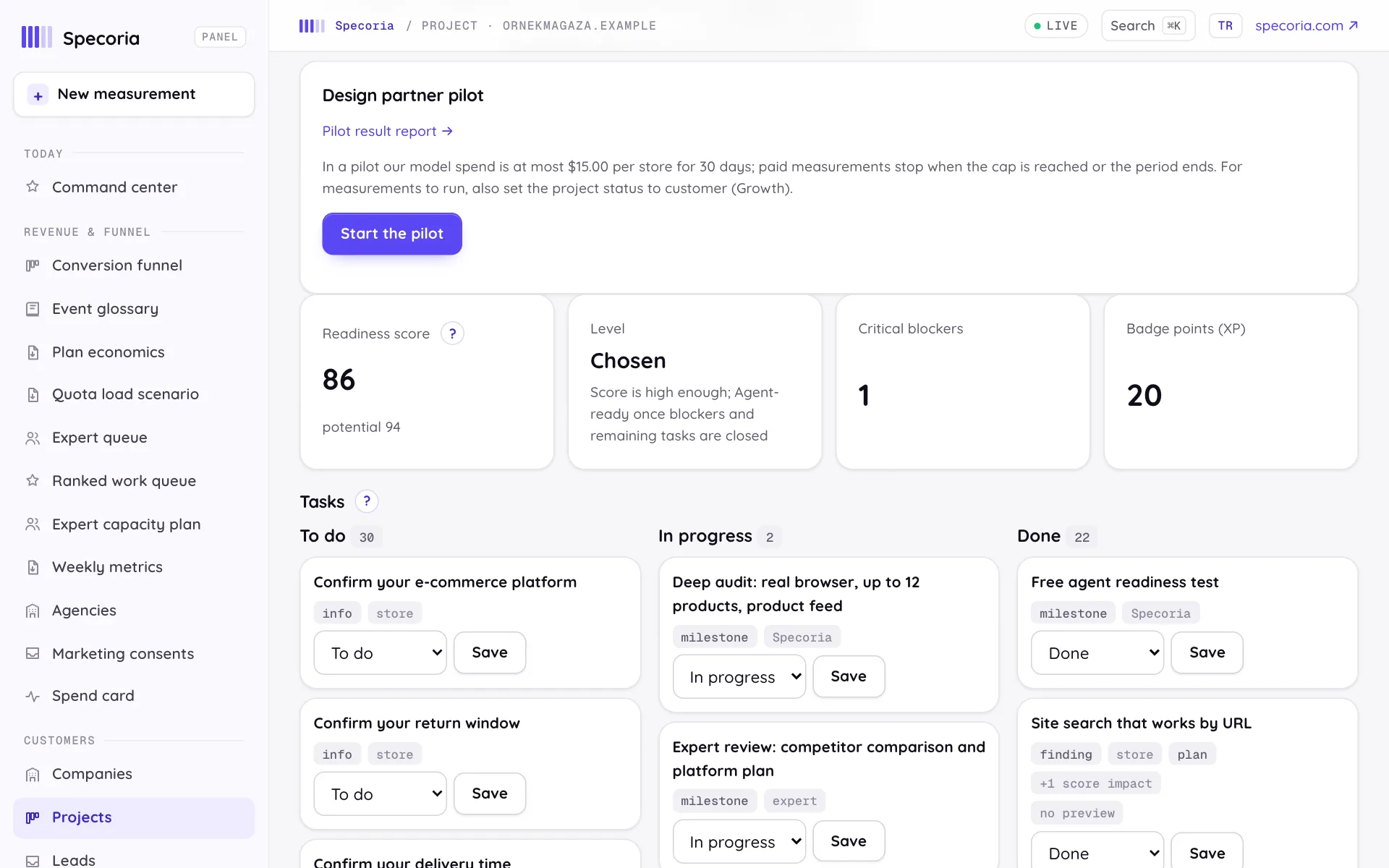 Pilot section of the team project page: pilot cap explanation and the "Start the pilot" button, with project summary cards and task columns below (desktop view, demo data)